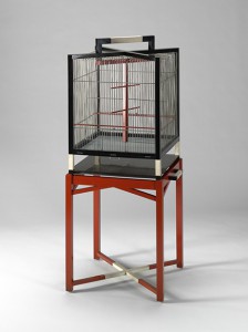 Pierre Legrain, French, 1889-1929, Birdcage on Stand, ca. 1922-23, Lacquer, wood, parchment, aluminum, 57 ½ x 22 ½ x 22 ½ in. (146 x 57 x 57 cm).  Sydney and Frances Lewis Endowment Fund, 89.23a-b