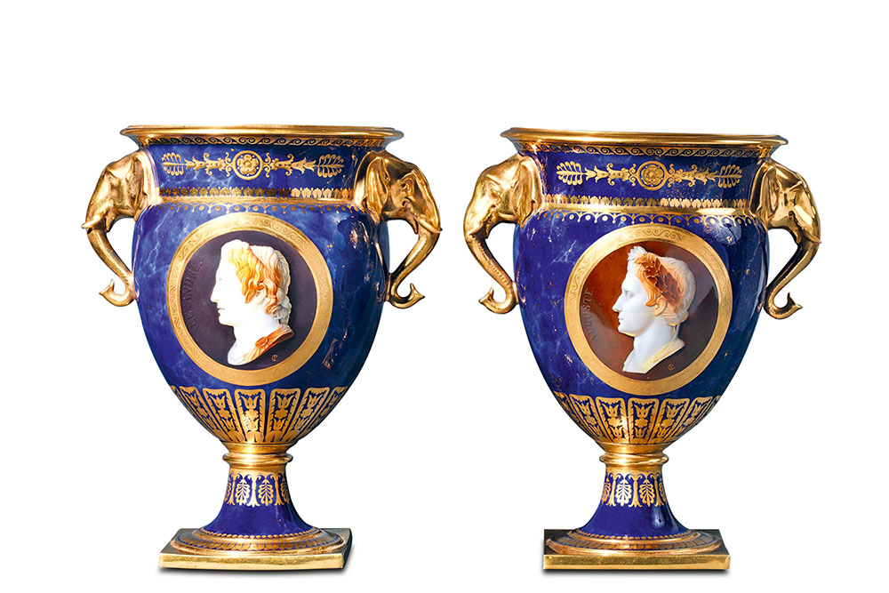 Pair of Ice Pails with Elephant‐Head Handles, from the Greek Iconography Service Given to Cardinal Fesch in Commemoration of the King of Rome’s Baptism, 1810–11,Sèvres Imperial Manufactory, porcelain. Collection Comte et Comtesse Charles‐André Colonna Walewski, Geneva. Photo Thierry Genand