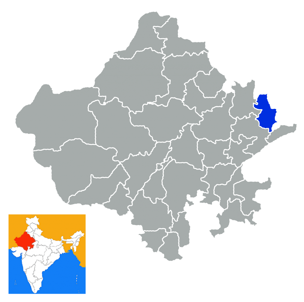 Map of Rajastan, India, with highlighted location of Bharatpur. 