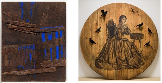 Left: Untitled, ca. 1957–1963, Benjamin Wigfall (American, 1930–2017), wood, metal, nails and paint. Virginia Museum of Fine Arts, Arthur and Margaret Glasgow Endowment. © Benjamin Wigfall. Right: Because I Wanna Fly, 2021, Whitfield Lovell (American, born Bronx), conté on wood with attached found objects. Virginia Museum of Fine Arts, Adolph D. and Wilkins C. Williams Fund, by exchange.