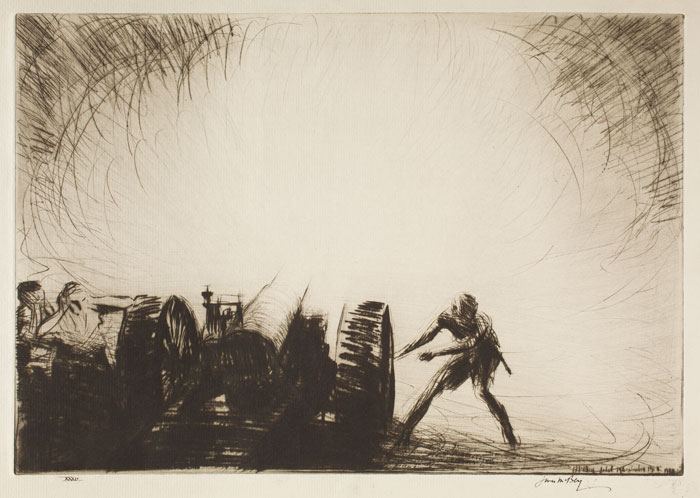 Zero. A Sixty-Five Pounder Opening Fire, 1920, James McBey, drypoint. Promised Gift of Frank Raysor