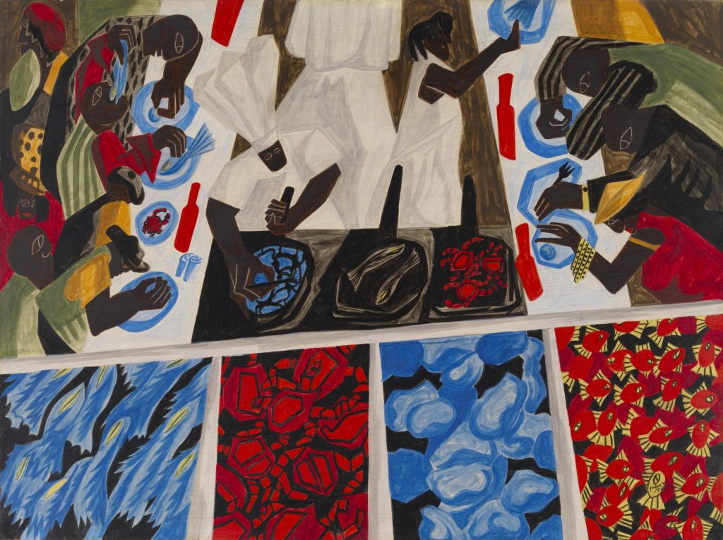 Catfish Row, 1947, Jacob Lawrence (American 1917–2000), egg tempera on hardboard, Virginia Museum of Fine Arts, J. Harwood and Louise B. Cochrane Fund for American Art