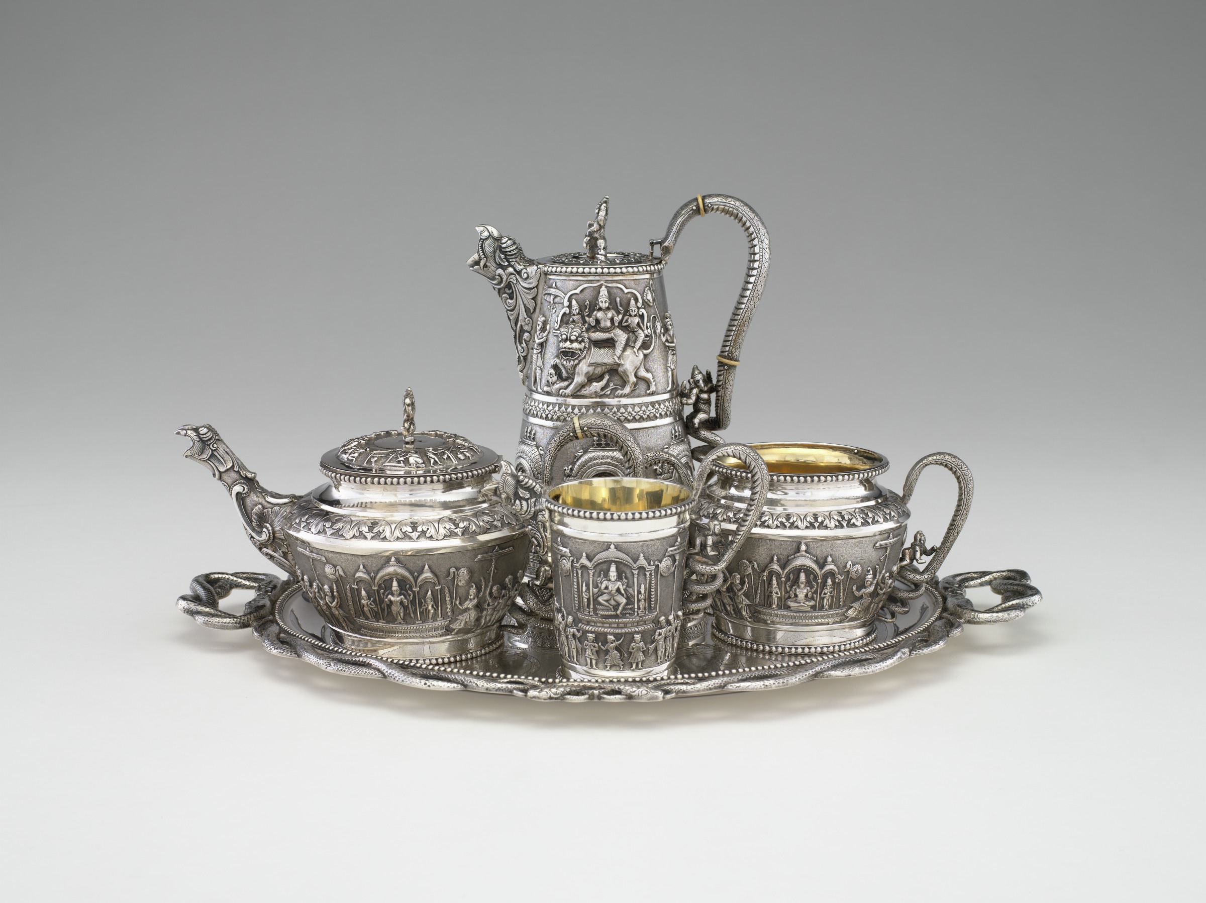 P. Orr and Sons (Madras, India), Five-Piece Tea Service, 1876, silver, gilding, ivory, Virginia Museum of Fine Arts, Gift of the estate of Paul F. Walter