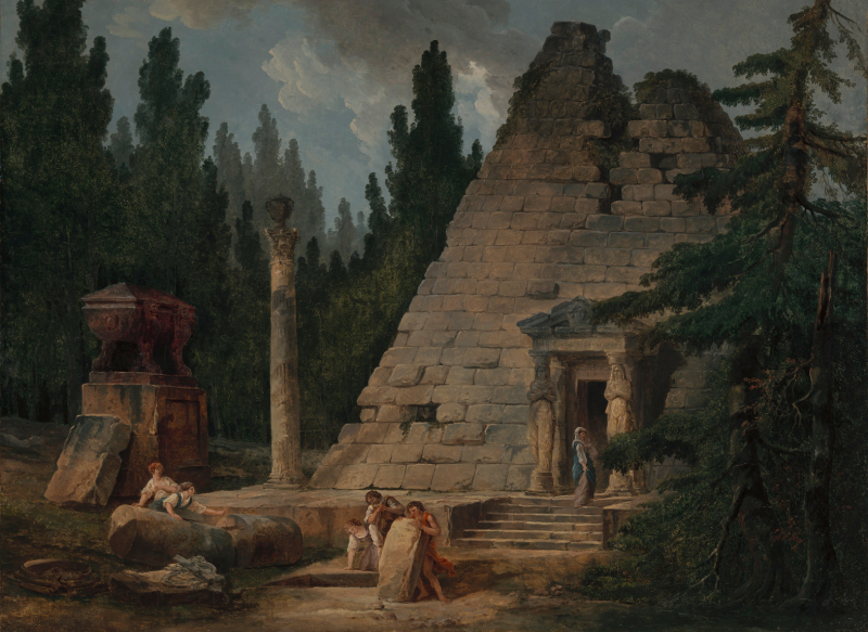 Capriccio with the Pyramid of Maupertuis, 1798, Hubert Robert (French 1733-1808), oil on canvas. Jordan and Thomas Saunders III Collection, L2020.6.30.