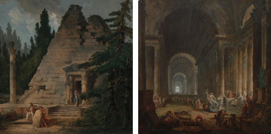 Capriccio with the Pyramid of Maupertuis (detail), 1798, Hubert Robert (French 1733-1808), oil on canvas. Jordan and Thomas Saunders III Collection, L2020.6.30.; The Finding of the Laocoon (detail), 1773, Hubert Robert (French 1733-1808), oil on canvas. Arthur and Margaret Glasgow Fund, 62.31.