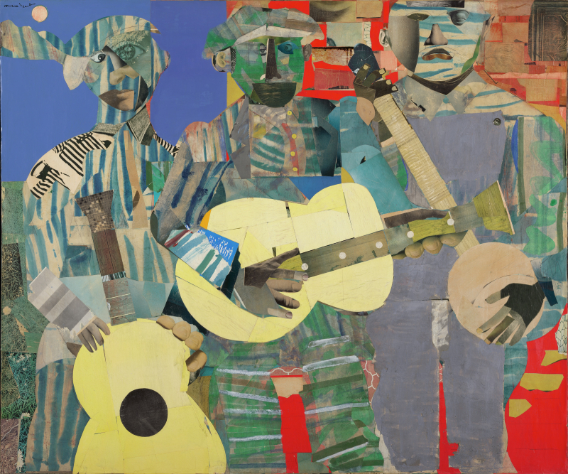 Three Folk Musicians, 1967, Romare Bearden (American, 1911–1988), collage of various papers with paint and graphite on canvas. © Virginia Museum of Fine Arts and Margaret Glasgow Endowment, 2016.336 © 2022 Romare Bearden Foundation / Licensed by VAGA at Artists Rights Society (ARS), NY