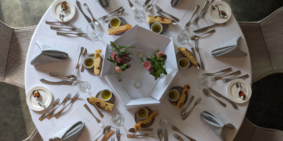 A table set up for an Amuse Wine Dinner
