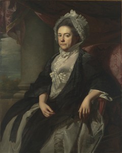  In this second rendering of Mrs. Isaac Royall, the  white ruffles of her sleeve and jewelry were  painted over. At the same time, Mrs. Royall's hairstyle was elevated and her costume changed.