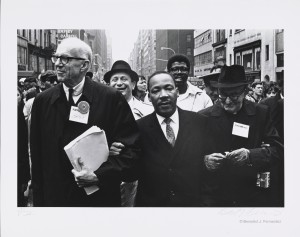 Dr. King marches with Dr. Benjamin Spock and Monsignor Rice, Benedict J. Fernandez 