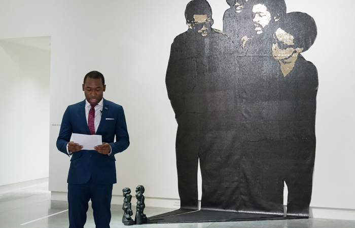 African American Read-In: Richmond Mayor Levar Stoney recites “Wise I” by Amiri Baraka in front of Sanford Biggers’s artwork Overstood