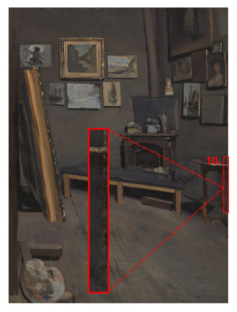 10. black under the grey walls throughout, and in and under the table, above the left side of the bench, and above and around the right side of the bench