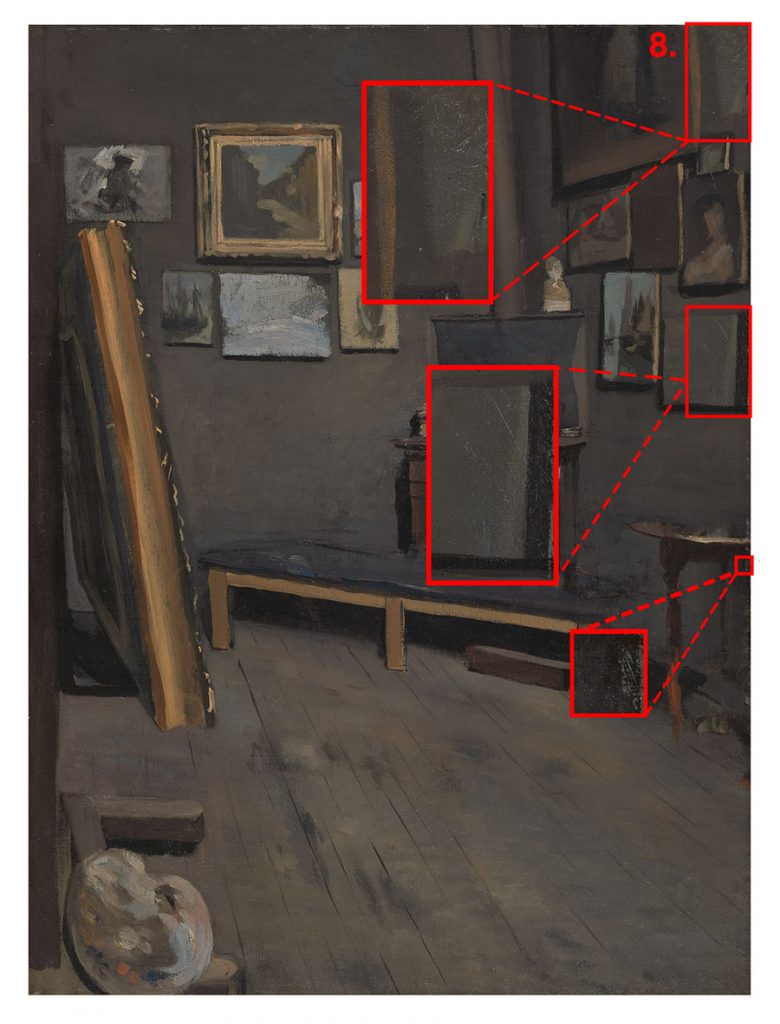 8. light blue in the upper right corner, in the black outlined grey square canvas above the table, and along the right edge just below the table top