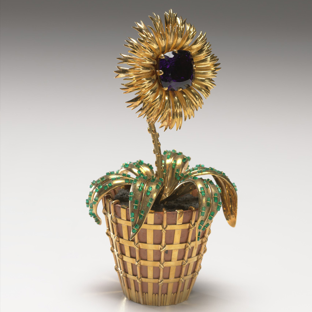 Flower Pot, Jean Schlumberger, French, 1907 – 1987, 1960, amethyst, emeralds, diamonds, black garnet ore, terracotta and 18-, 20- and 22-karat gold, Collection of Mrs. Paul Mellon