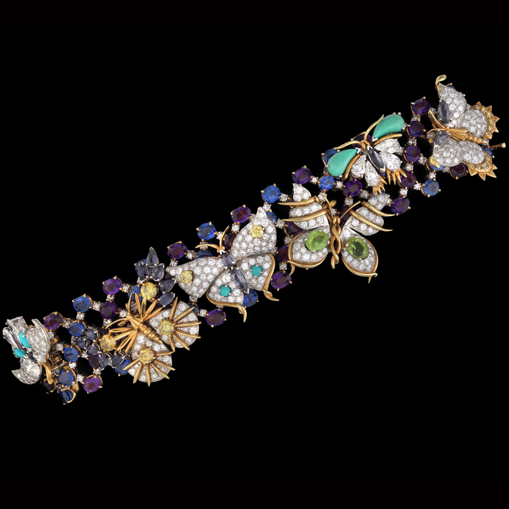 Butterflies (Bracelet), 1956, amethyst, sapphires, turquoise, peridots, yellow diamonds, diamonds, colored stones, 18-karat gold, platinum. Collection of Mrs. Paul Mellon