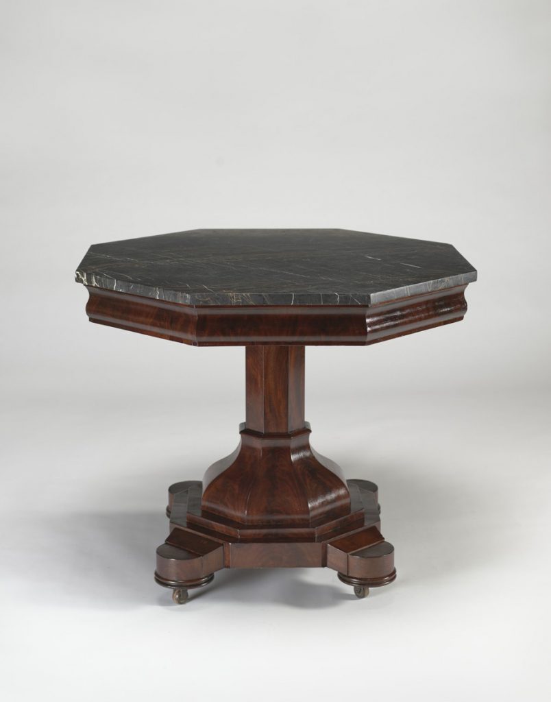 Center Table, 1850s, Attributed to Thomas Day (American 1801–1861), mahogany veneer, tulip poplar, marble top, brass casters. Kathleen Boone Samuels Memorial Fund