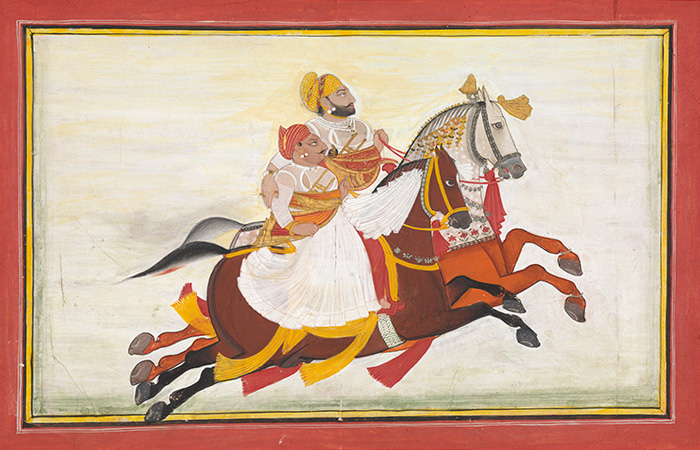 Mianture painting by Bagta of the horse race between Rawat Gokul Das and Gyan Singh.
