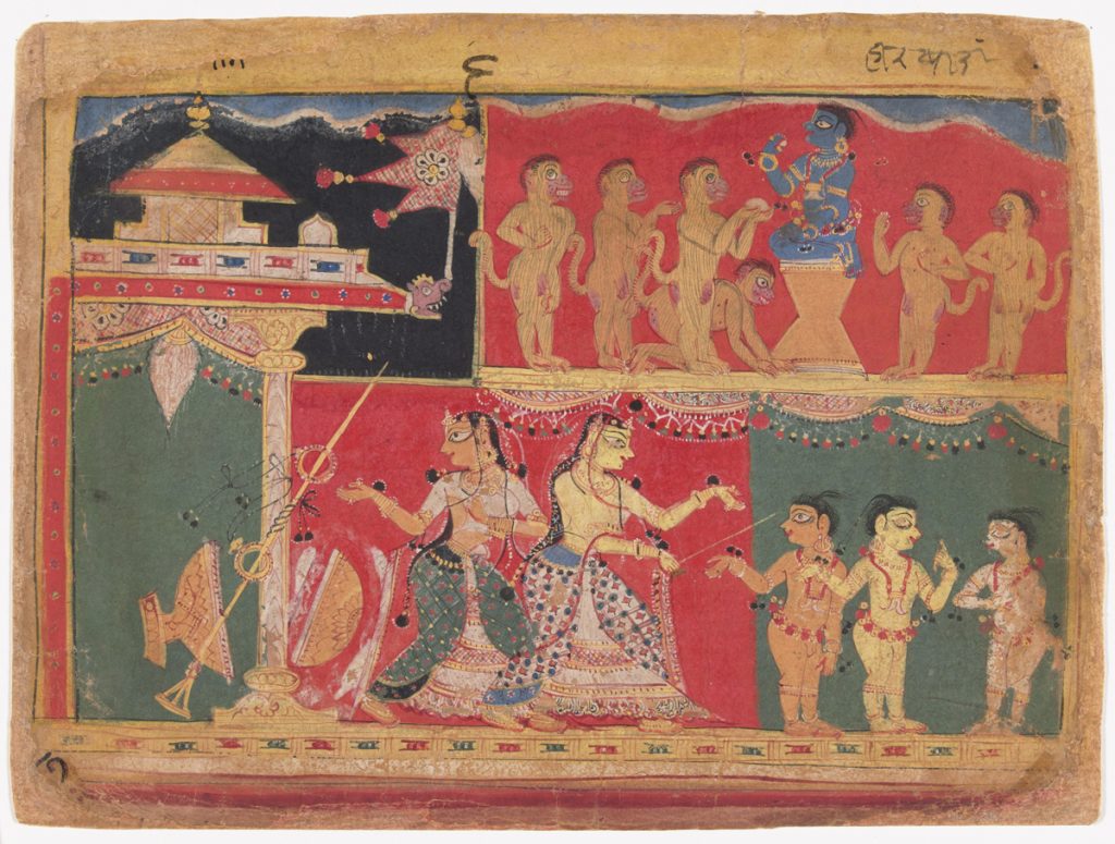 Page from a Bhagavata Purana Series: Krishna Distributes Butter to the Monkeys, ca. 1525–50, Indian, North India, probably Uttar Pradesh, Delhi, or Agra, opaque watercolor and ink on paper. Arthur and Margaret Glasgow Fund, 64.36.1