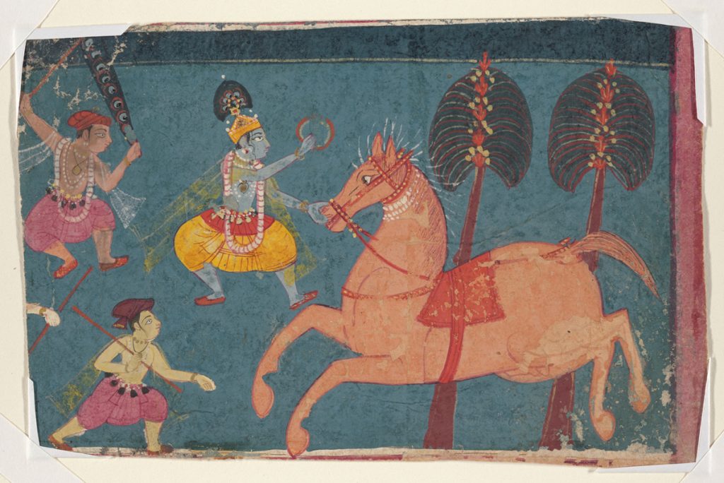 Page from a Bhagavata Purana Series: Krishna Slays the Horse-Demon Keshi, 1680–90, Indian, Central India, opaque watercolor on paper. Nasli and Alice Heeramaneck Collection, Gift of Paul Mellon,    68.8.69