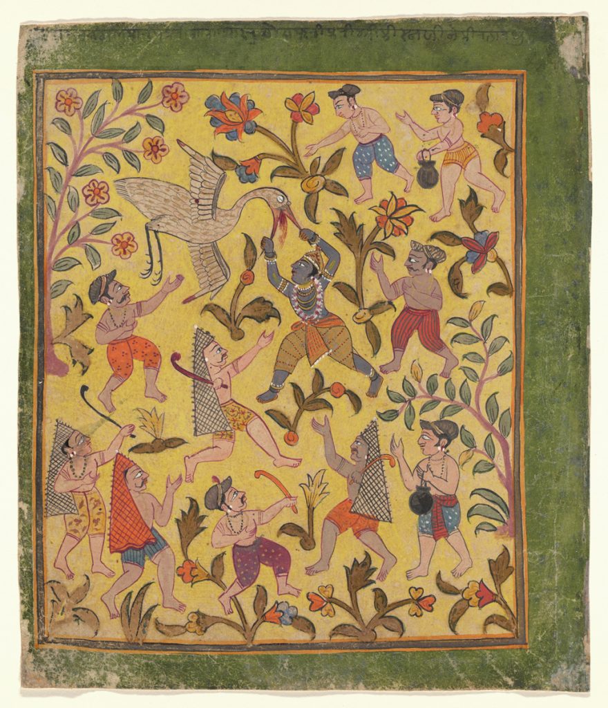 Page from a Bhagavata Purana Series: Krishna Slays Bakasura, ca. 1720, Indian, Gujarat, opaque watercolor and ink on paper. Nasli and Alice Heeramaneck Collection, Gift of Paul Mellon, 68.8.73