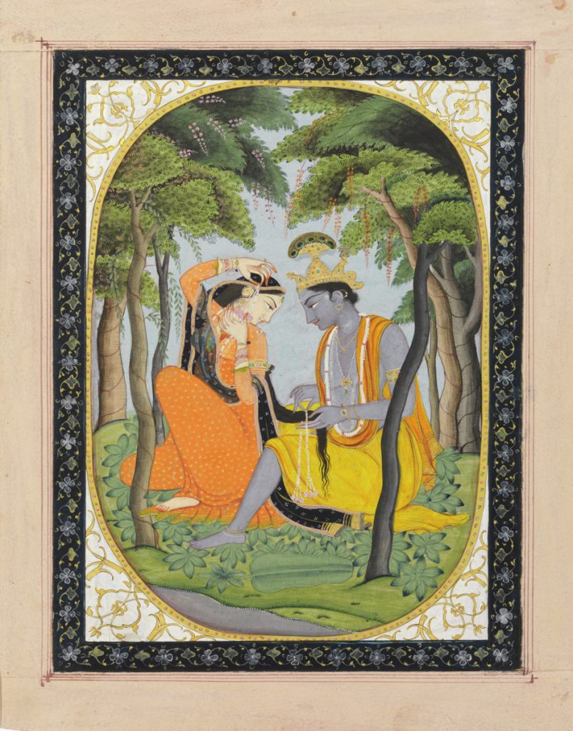 Krishna Adoring Radha’s Hair, ca. 1815-20, Indian, Punjab Hills, Kangra, opaque watercolor on paper. Nasli and Alice Heeramaneck Collection, Gift of Paul Mellon, 68.8.82