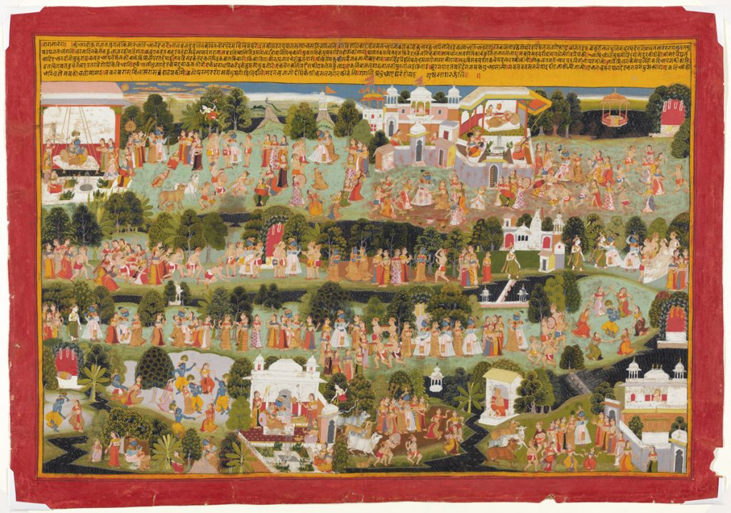 Krishna and His Friends Celebrate Holi in the Forests of Vrindavan, ca. 1710–20, Indian, Rajasthan, Mewar, opaque watercolor and ink on paper backed with fabric netting. Gift of Robert A. and Ruth W. Fisher, by exchange, 96.33