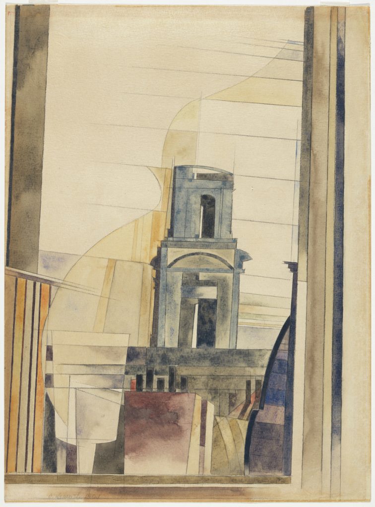 Roof and Steeple, 1921, Charles Demuth (American, 1883–1935), pencil and watercolor on paper. Adolph D. and Wilkins C. Williams Fund, 86.198