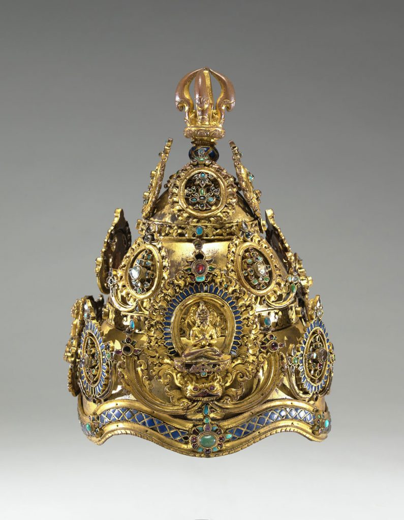 Vajracharya Crown, 13th-14th century, Nepal, gilded copper alloy, gemstones, 11 1/2 x 7 3/4 x 8 3/4 in. Virginia Museum of Fine Arts, Arthur and Margaret Glasgow Fund