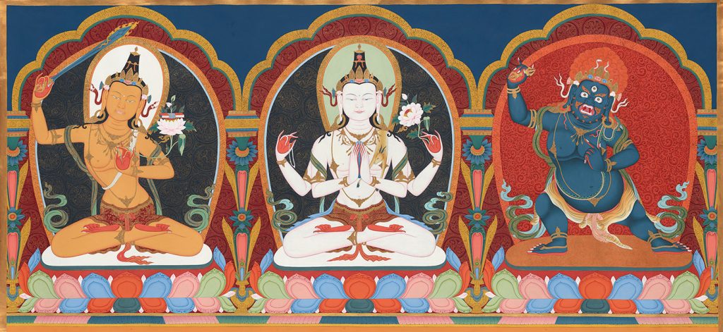 The Three Protectors of Tibet, 2008, Tsherin Sherpa (Nepalese, born 1968), ink and colors on cotton, 17 3/4 x 38 5/8 in. Asian Art Museum of San Francisco, Acquisition made possible by the Tibetan Study Group, 2016.305. © Tsherin Sherpa. Photograph © Asian Art Museum of San Francisco