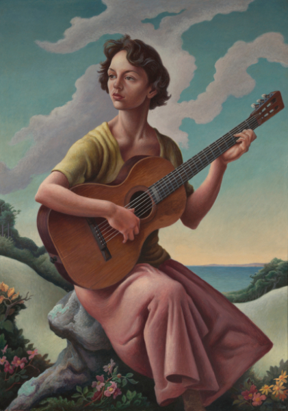 Jessie with Guitar, 1957, Thomas Hart Benton (American, 1889–1975), oil on canvas, 42 x 30 ½ in. Jessie Benton Collection © 2022 T.H. and R.P. Benton Trusts / Licensed by Artists Rights Society (ARS), New York.