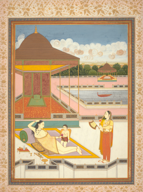 A Lady after Her Bath, Holding a Lotus Bud Received from a Winged Messenger, early 19th century, Indian, Rajasthan, Jaipur, opaque watercolor and gold on paper, Friends of Indian Art and the Robert A. and Ruth W. Fisher Fund