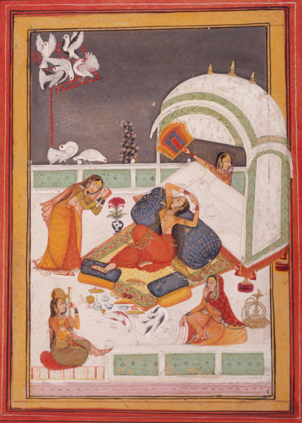 A Heroine, Longing for Her Lover, Gazes at Mating Pigeons, ca. 1770–80, Indian, Rajasthan, Bundi, opaque watercolor and ink on paper, Nasli and Alice Heeramaneck Collection, Gift of Paul Mellon