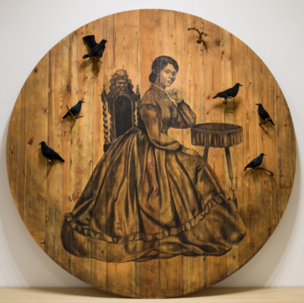  Because I Wanna Fly, 2021, Whitfield Lovell (American, born Bronx, NY), conté crayon on wood with attached found objects, 114 in. diameter. Virginia Museum of Fine Arts, Adolph D. and Wilkins C. Williams Fund, by exchange