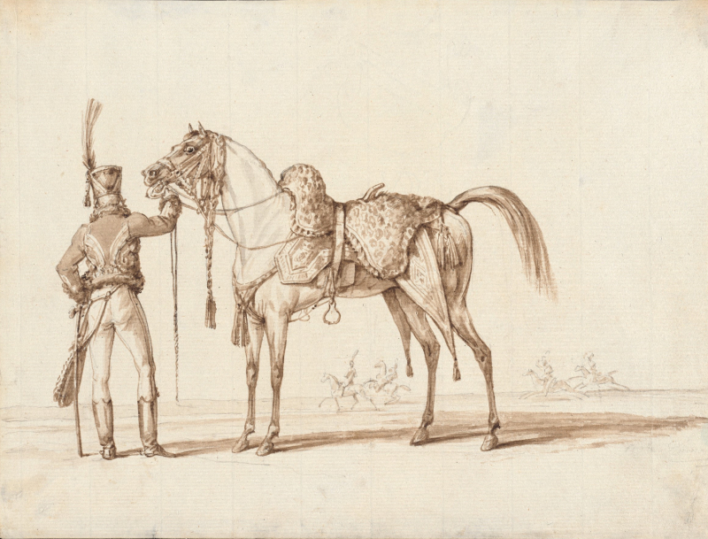 Hussar Standing Beside His Charger, ca. 1812, Carle Vernet (French, 1758–1836), pen and ink with wash on laid paper with a watermark. Collection of Mr. and Mrs. Paul Mellon, 85.817