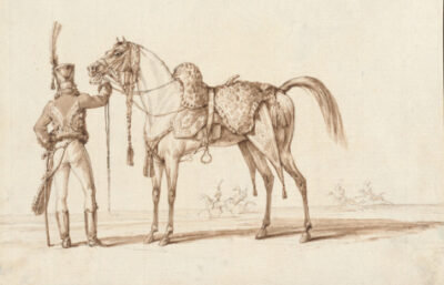 Hussar Standing Beside His Charger (detail), ca. 1812, Carle Vernet (French, 1758-1836), pen and ink with wash on laid paper with a watermark. Collection of Mr. and Mrs. Paul Mellon, 85.817