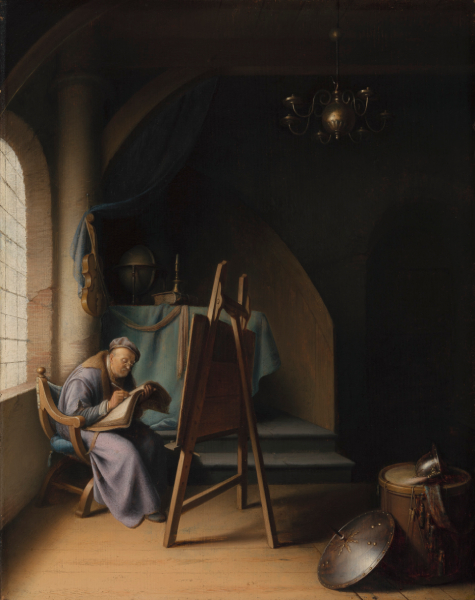 Man Writing in an Artist’s Studio, 1631–32, Gerrit Dou (Dutch, 1613–1675), oil on panel. Jordan and Thomas Saunders III Collection.