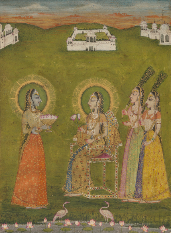 Krishna Offering Lotuses to the Enthroned Radha, second half of 18th century, Rajasthan, Kishangarh, opaque watercolor and gold on paper. Collection of Drs. Shantaram and Sunita Talegaonkar, L2022.10.8