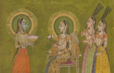 Krishna Offering Lotuses to the Enthroned Radha (detail), second half of 18th century, Rajasthan, Kishangarh, opaque watercolor and gold on paper. Collection of Drs. Shantaram and Sunita Talegaonkar, L2022.10.8