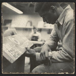 Wigfall Holding a Woodblock in the Yale University Studio, circa 1954. From the Benjamin L. Wigfall Artist Archives and Mary Carter Wigfall Personal Papers.