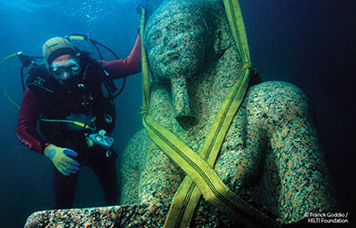 Statue of the Fertility God Hapy, 4th or 3rd century BC. Thonis-Heracleion, red granite, 5.4 m. high. Maritime Museum Alexandria. Image © Franck Goddio/Hilti Foundation
