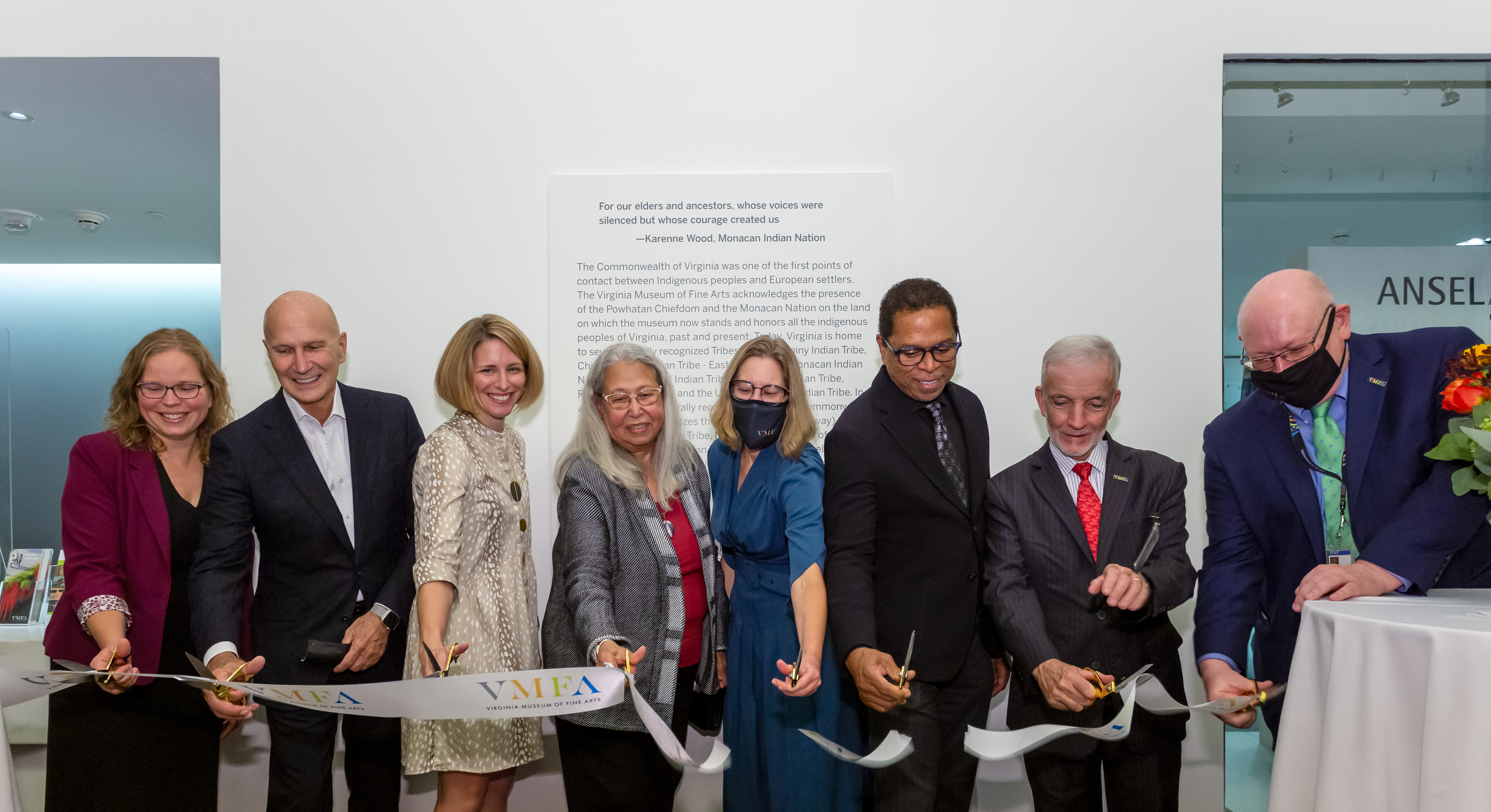 From right to left: Dr. Michael Taylor, VMFA’s Chief Curator and Deputy Director for Art and Education; Alex Nyerges, VMFA’s Director and CEO; Dr. Monroe Harris, President of VMFA’s Board of Trustees; Dr. Johanna Minich, VMFA’s Assistant Curator of Native American Art; Lynette Allston, Nottoway Indian Tribe of Virginia’s Chief and Vice President of VMFA’s Board of Trustees; Katie Payne, VMFA’s Director of Government Relations; Stanley J. Olander, Jr., President and Director of VMFA’s Foundation Board of Directors; and Kelly Thomasson, Secretary of the Commonwealth of Virginia. Photo by Sandra Sellars, © 2021 Virginia Museum of Fine Arts