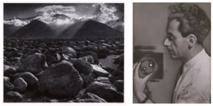 LEFT: Mount Williamson, The Sierra Nevada, from Manzanar, California, 1944, printed 1973–75, Ansel Adams (American, 1902–1984), gelatin silver print. Virginia Museum of Fine Arts, Adolph D. and Wilkins C. Williams Fund. Photograph by Ansel Adams © The Ansel Adams Publishing Rights Trust RIGHT: Self-Portrait with Camera, 1930, Man Ray (American, 1890–1976), solarized gelatin silver print. The Jewish Museum, New York, Photography Acquisitions Committee Fund, Horace W. Goldsmith Fund, and Judith and Jack Stern Gift, 2004-16 © Man Ray 2015 Trust/Artists Rights Society (ARS), NY/ADAGP, Paris 2021