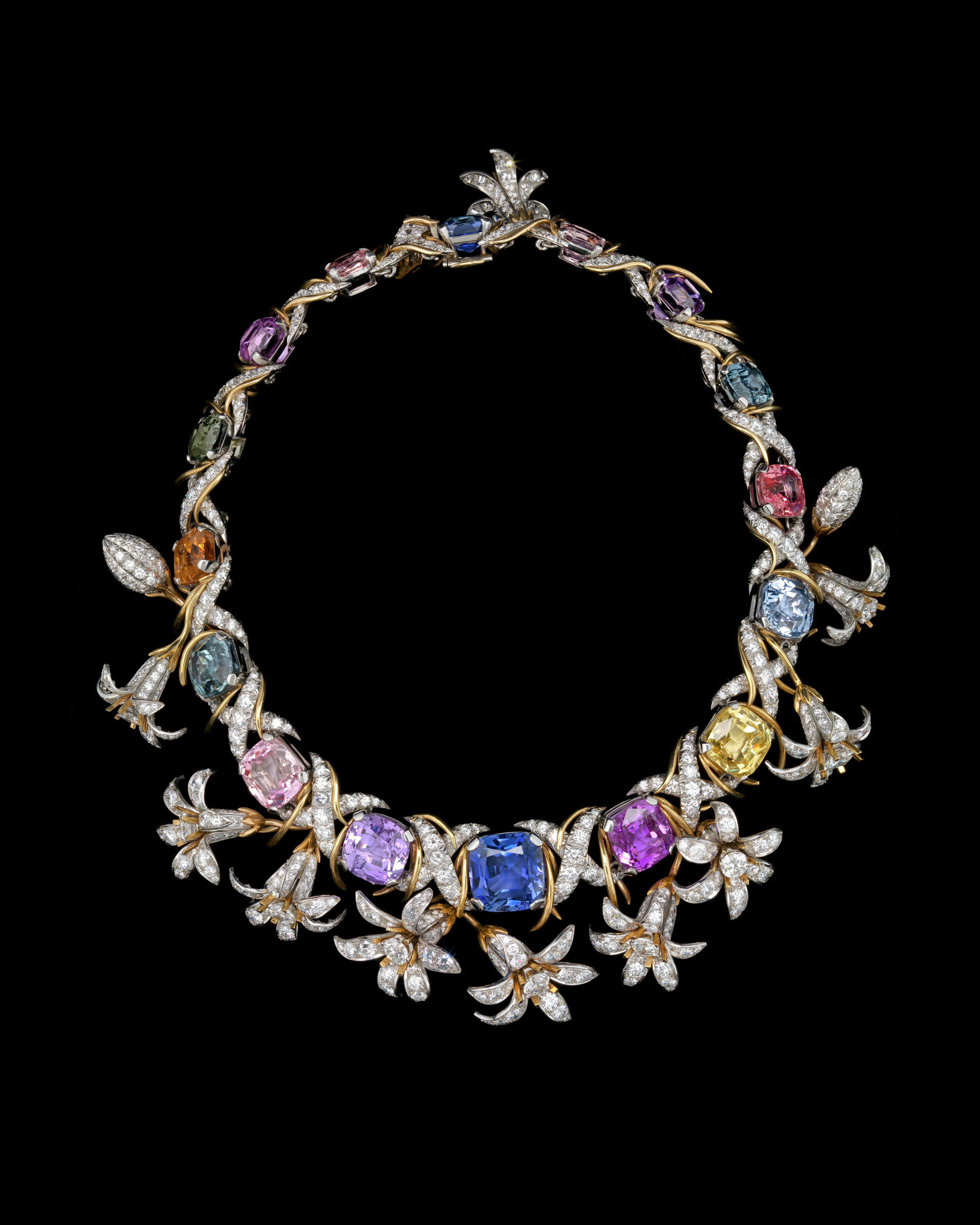 Jasmine (Breath of Spring) (Necklace), Jean Schlumberger, French, 1907 – 1987 (Designer), Tiffany and Company, American, founded 1837 (Manufacturer), 1966, model 1962, 18 karat gold, platinum, colored sapphire and diamond, Collection of Mrs. Paul Mellon