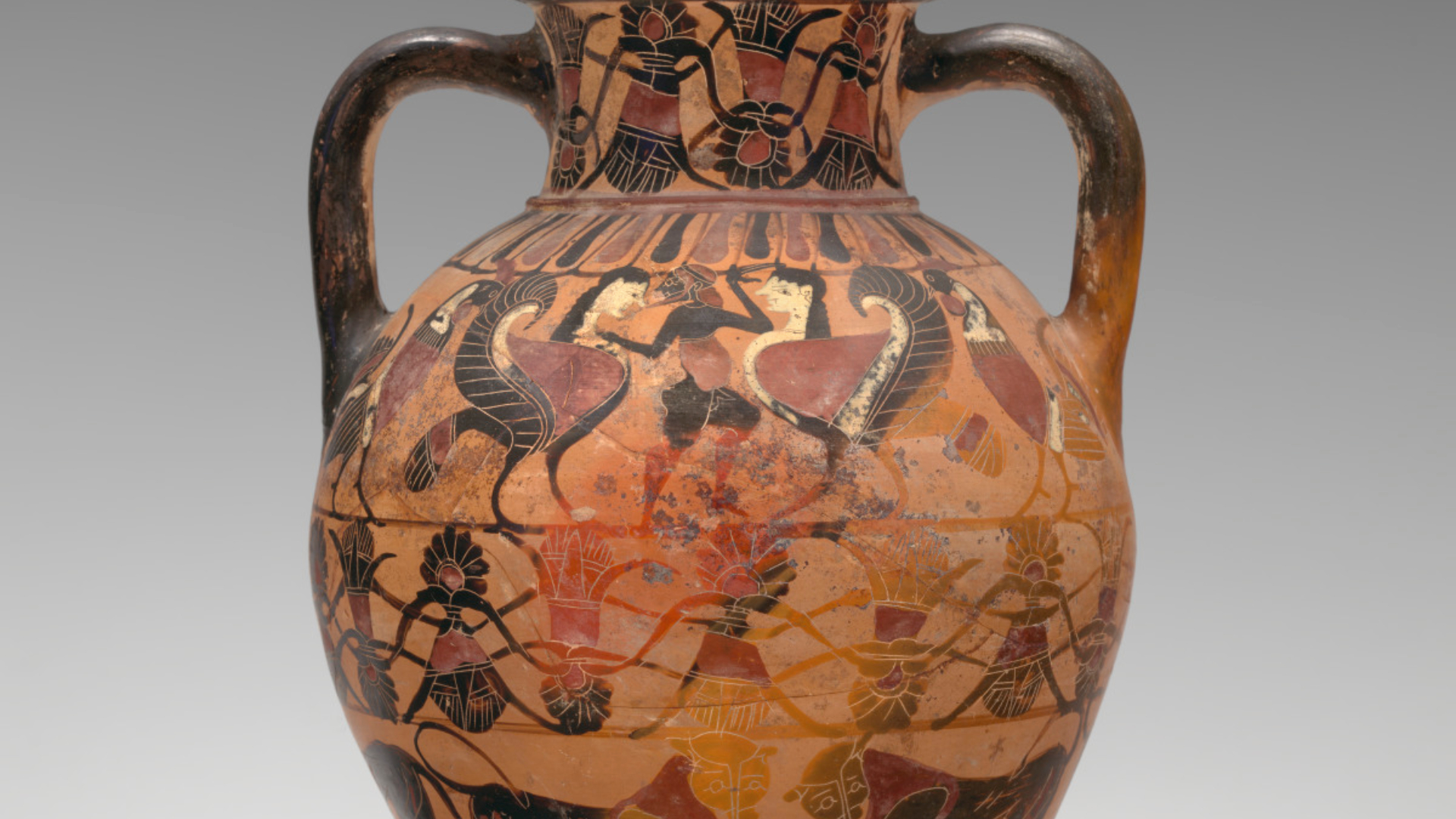 Attic Black-Figured Tyrrhenian Neck-Amphora (detail), ca. 560 BC, attributed to Goltyr Painter (Greek, active 6th century BC), terracotta, 15 1/4 in. high. Virginia Museum of Fine Arts, Adolph D. and Wilkins C. Williams Fund and Jack and Mary Frable Fund, 2021.582