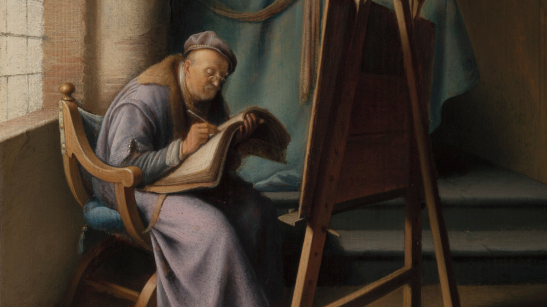 Man Writing in an Artist’s Studio (detail), 1631–32, Gerrit Dou (Dutch, 1613–1675), oil on panel. The Jordan and Thomas A Saunders III Collection