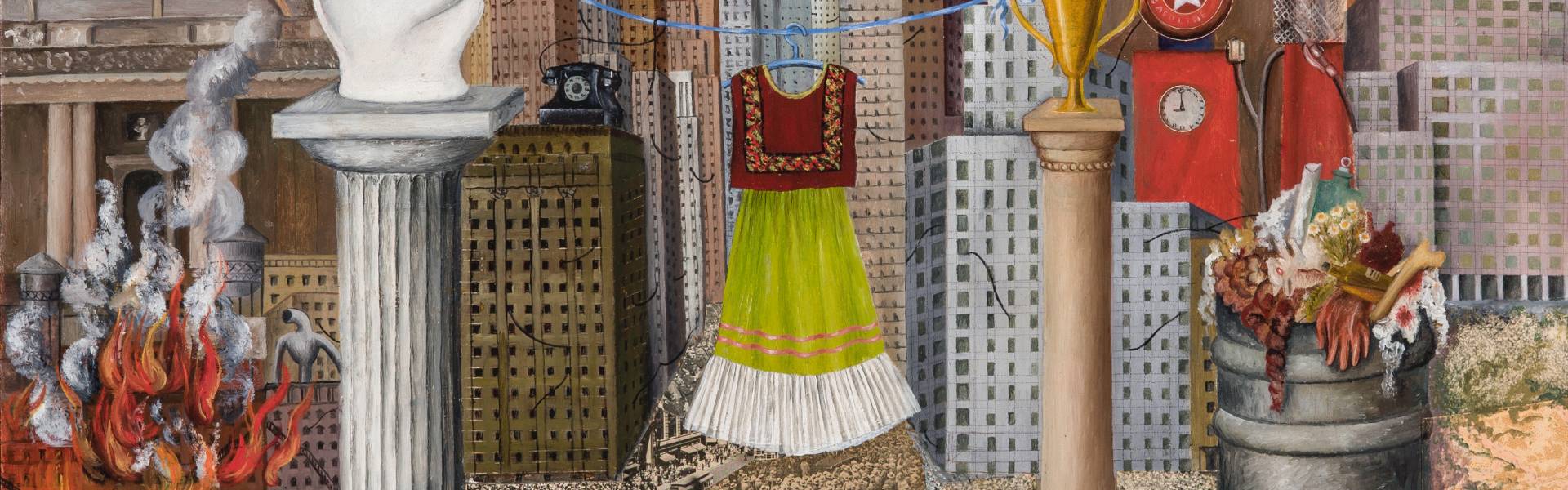 My Dress Hangs There (detail), 1933, Frida Kahlo (Mexican, 1907–1954), oil and collage on masonite. Colección FEMSA © 2025 Banco de México Diego Rivera Frida Kahlo Museums Trust, Mexico, D.F. / Artists Rights Society (ARS), New York, photograph by Humberto Tachiquin “Tachi”