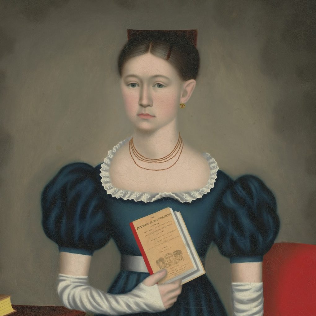<p>American Galleries. </p>
<p>Look to the left of Violet to find another portrait. She also has on a red necklace and is framed in white ruffles.  What did the artist include to let us know what kind of opportunities await this young girl?</p>
