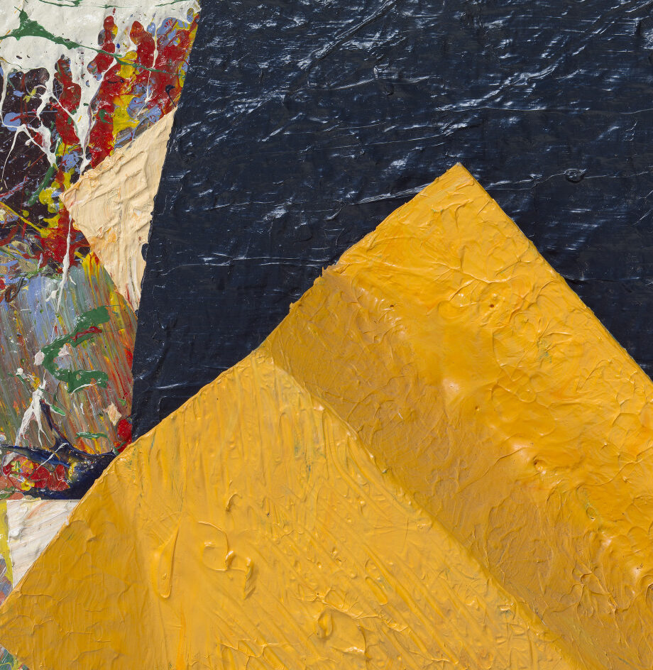 <p>Now, look around for this mixed-media artwork by Sam Gilliam. He added layer upon layer of materials to build a three-dimensional painting. This process of layering and rearranging materials was often compared to the art of making a quilt.  </p>
<p>How has Gilliam changed the canvas from its original square shape? Can you see the layers, or tell how many there are? What other materials do you see that create these layers? </p>
